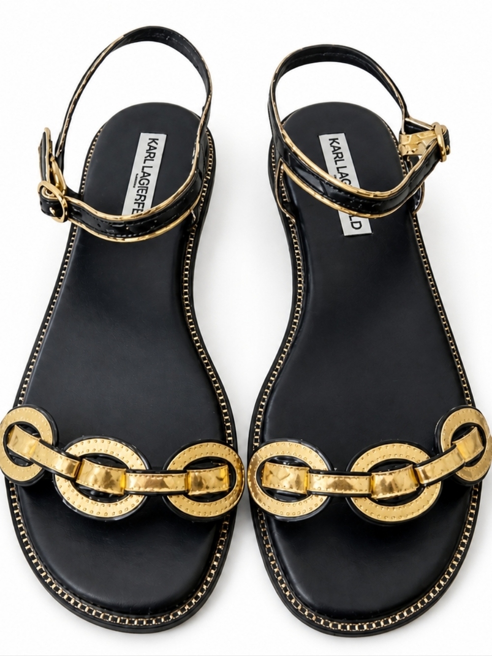Karl Lagerfeld Black Leather Sandals with Gold Chain Links